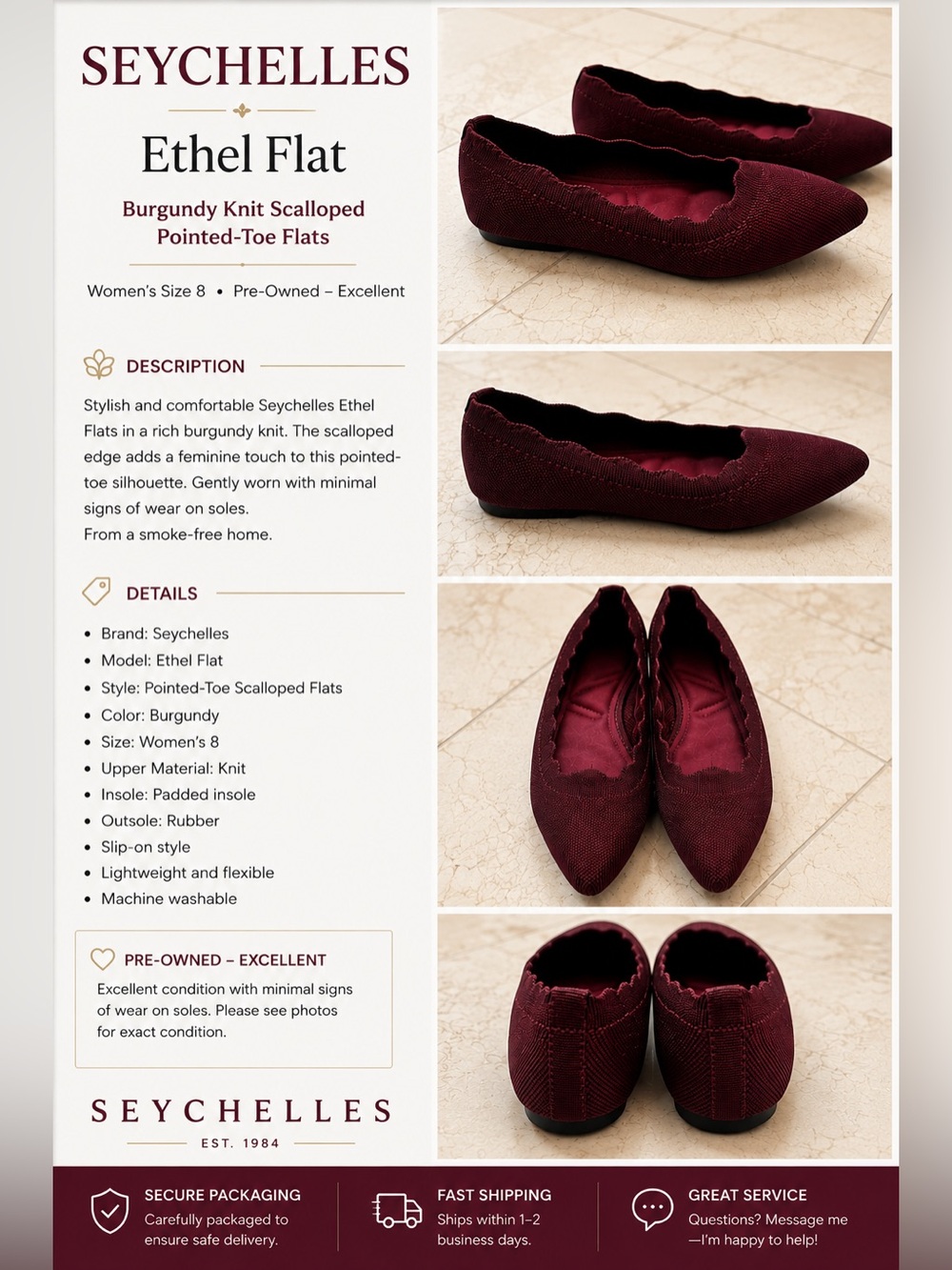 Seychelles Ethel Flats Women’s 8 Burgundy Knit Pointed Toe Scalloped